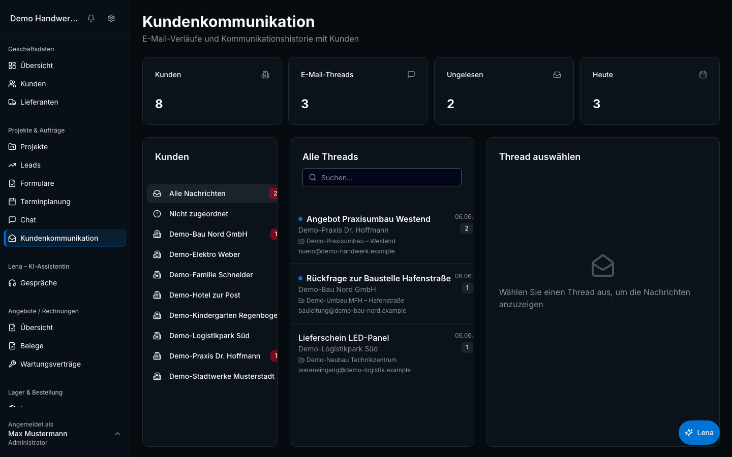 E-Mail-Integration in Bleno – Produktansicht