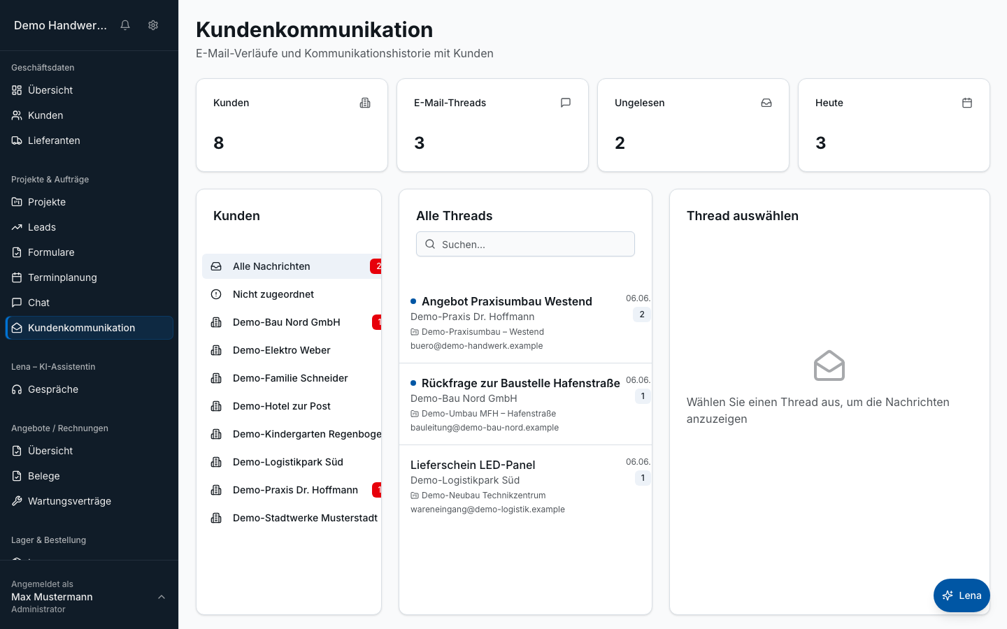 E-Mail-Integration in Bleno – Produktansicht