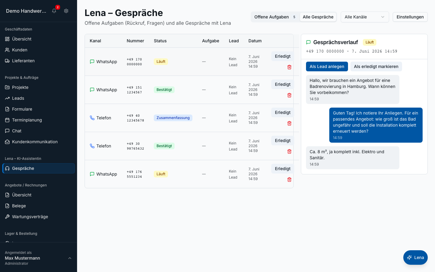 Lena – Ihre KI-Assistentin in Bleno – Produktansicht