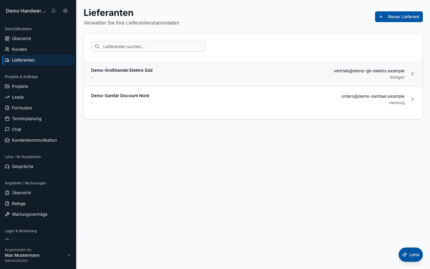 Lieferantenverwaltung in Bleno – Produktansicht